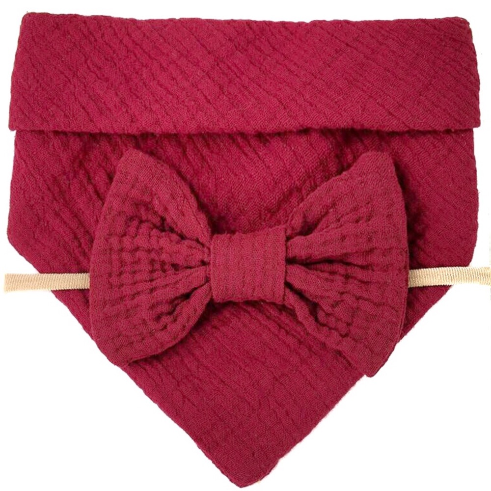 2Pc Muslin Bib and Hair Bow Set in VALENTINE’s Burgundy Red